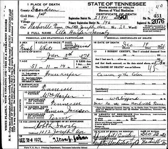 The death certificate for Ella Harper says that she was a housekeeper and that she died of colon cancer.