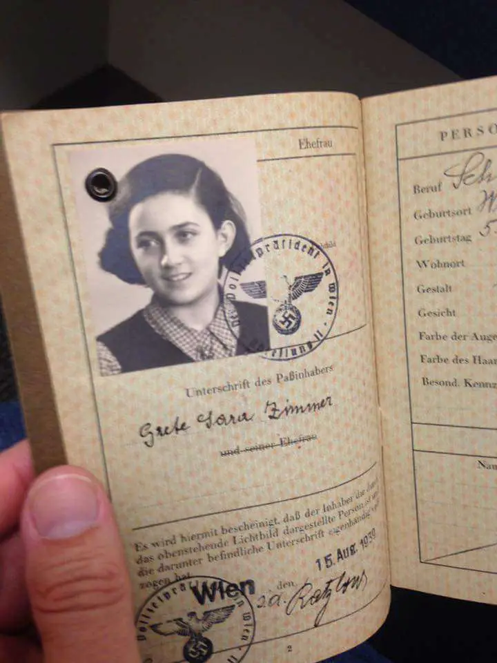1939 passport issued by the government of Austria for Grete Sara Zimmer, the middle name added by national socialist decree