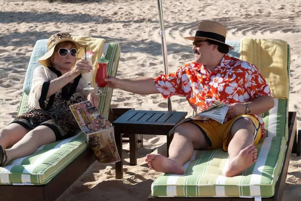 In "Bernie," mortician Bernie Tiede (Jack Black) relaxes with his much older companion, prickly millionaire Marjorie Nugent (Shirley MacLaine).