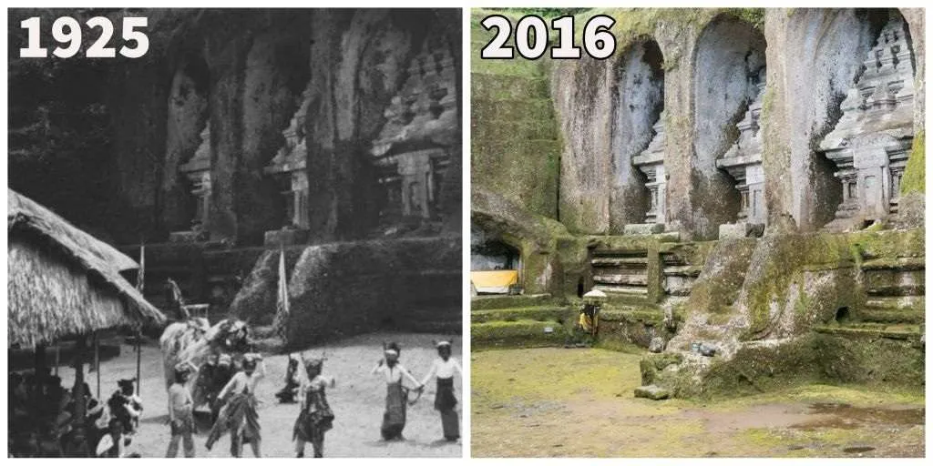 Barong Dance at East Side of Pura Gunung Kawi, 1925 (l), and 2016 (r). Lena, re.photos.
then and now photos