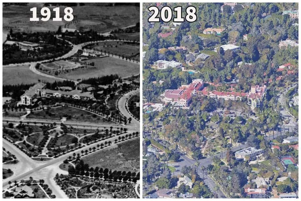 Beverly Hills Hotel, 1918 (l) and 2018 (r). AnthonyRossStudio, re.photos. Public Domain (l), CC BY 4.0 (r)
then and now photos