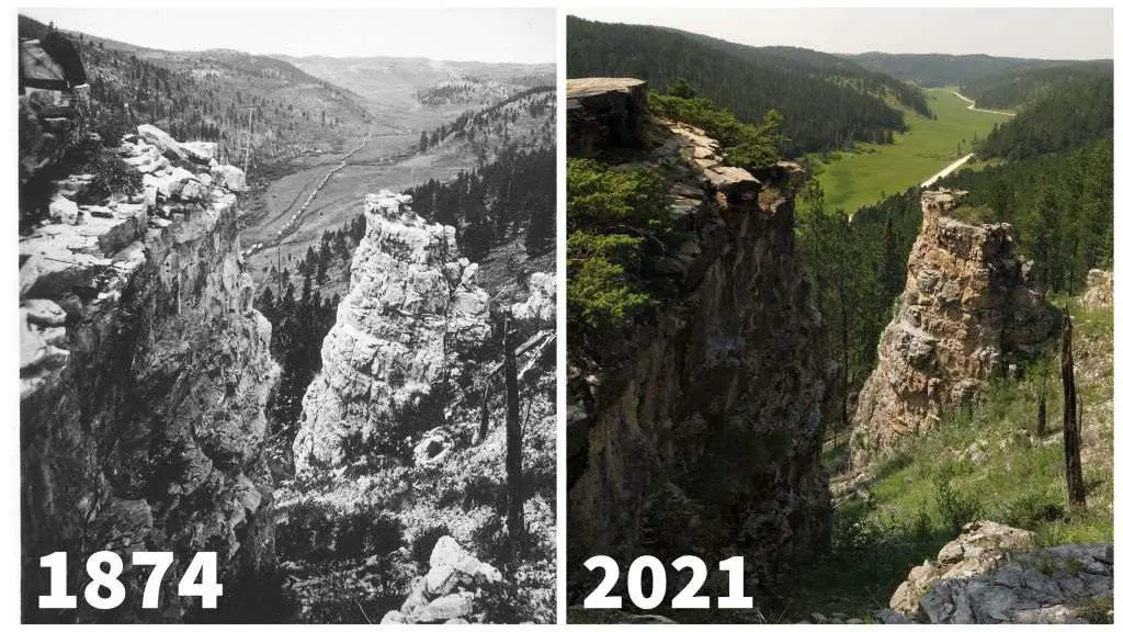 then and now photos Black Hills, USA, 1874 (l) and 2021 (r). robertwellmancampbell, re.photos. Public Domian (l), CCO 1.0 (r)