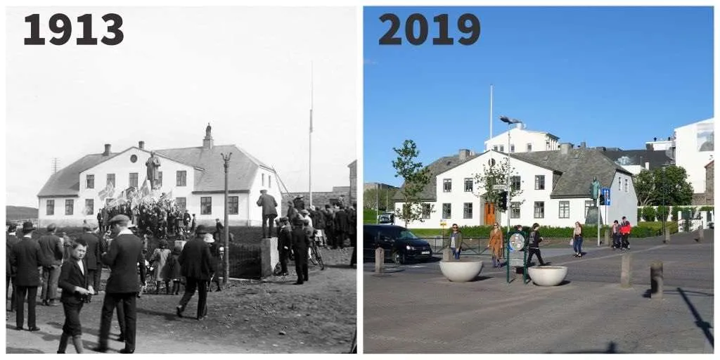 then and now photos Cabinet Building Reykjavik, 1913 (l) and 2019 (r). nwolpert, re.photos. CC BY-SA 4.0