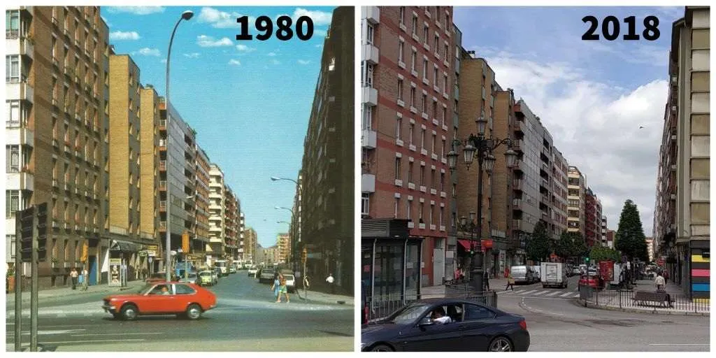 then and now photos Calle Valentín Masip en Oviedo, 1980 (l), 2018 )r). alexpoulsen, re.photos. Public domain.
