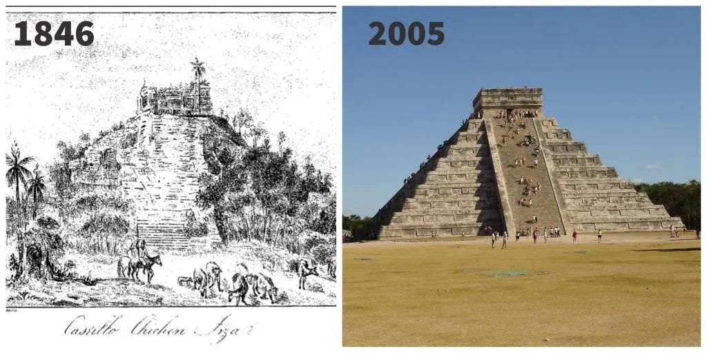 then and now photos Chichen Itza, El Castillo, 1846 (l) and 2005 (r). 1846 image, public domain. 2005 image, Aimee Heidelberg