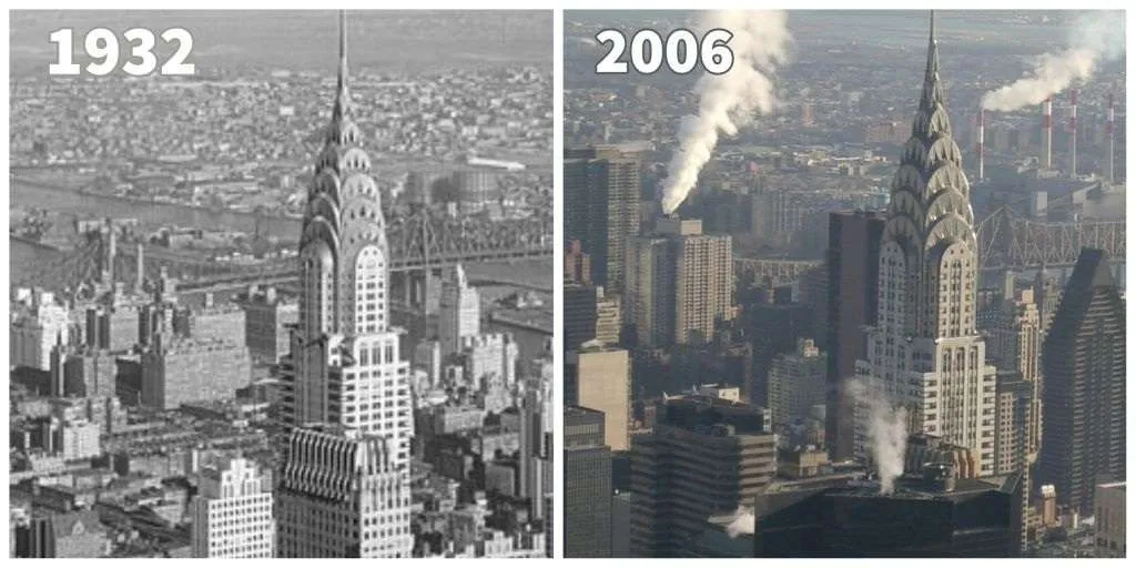 then and now photos Chrysler Building, 1932 (l) and 2006 (r). 1932 – Library of Congress, Public Domain. 2006, timsdad, CC SA 3.0