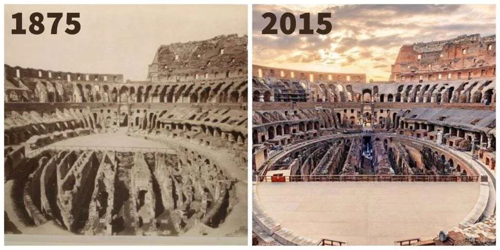 then and now photos Coliseum interior, 1875 (l) and 2015 (r). Bera, re.photos, CC BY 4.0