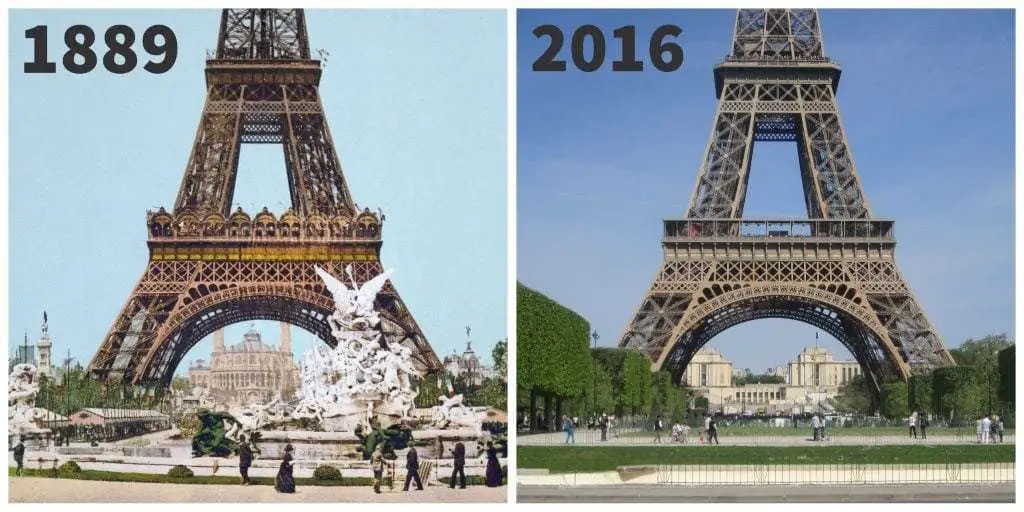 Eiffel Tower, 1889 (l) and 2016 (r). nwolpert, re.photos. Public domain (l) and CC BY-SA 4.0