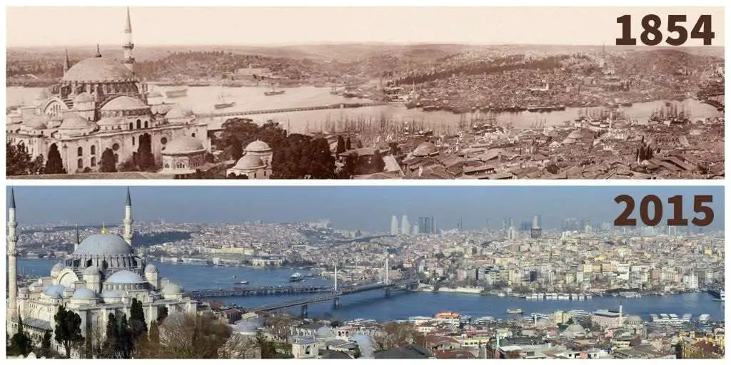 Haliç, Istanbul, 1854 (l) and 2015 (r). SarmuS, re.photos. CC BY 4.0