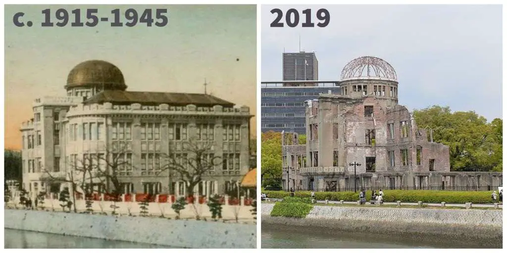 Hiroshima, Genbaku Dome, c. 1920s (l) and 2019 (r). (l) Hiroshima City Archives, (r) shankar s. CC BY 2.0