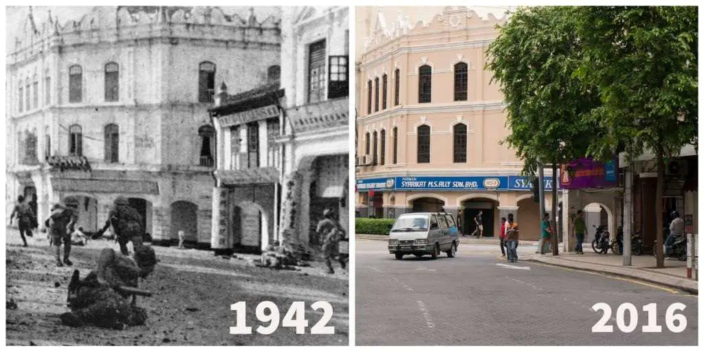 Japanese troops advancing through Kuala Lumpur, 1942 (l), and 2016 (r). Lena, CC BY-SA 4.0