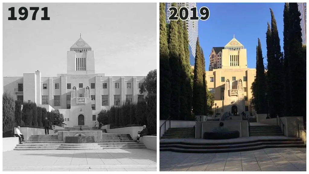 Los Angeles Public Library. 1971 Library of Congress, Prints & Photographs Division, CA-1937-9 (l). A. Heidelberg, 2019 (r)
then and now pictures