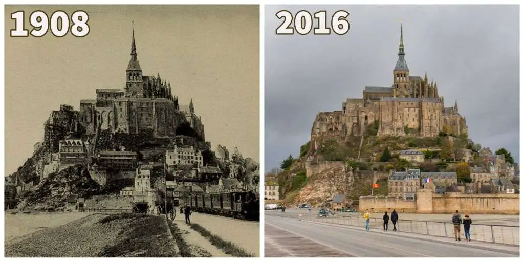 Mont St. Michel 1908 (l) and 2016 (r). Lena, re.photos. Public Domain (l), and CC1.0 (r)
then and now photos