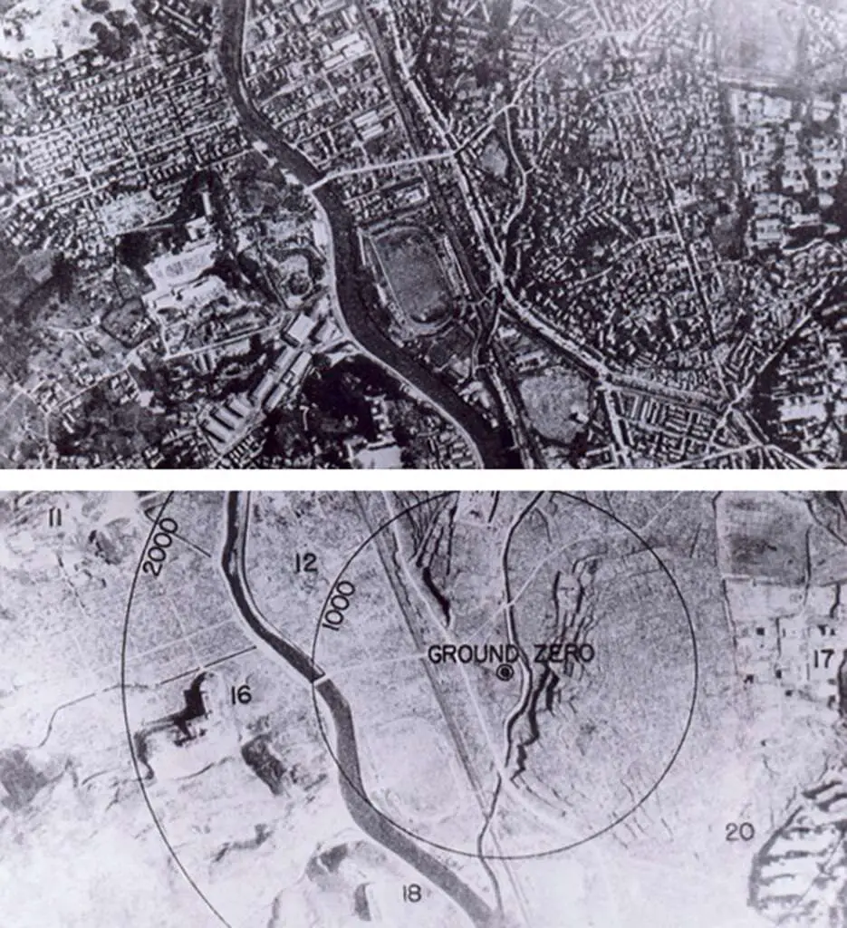 Nagasaki, before and after the nuclear bombing, August 1945. US National Archives (1945) then and now images