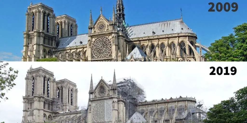 Notre-Dame before and after the fire, 2009 (l), and 2019 (r). nwolpert, re.photos. CC BY-SA 4.0