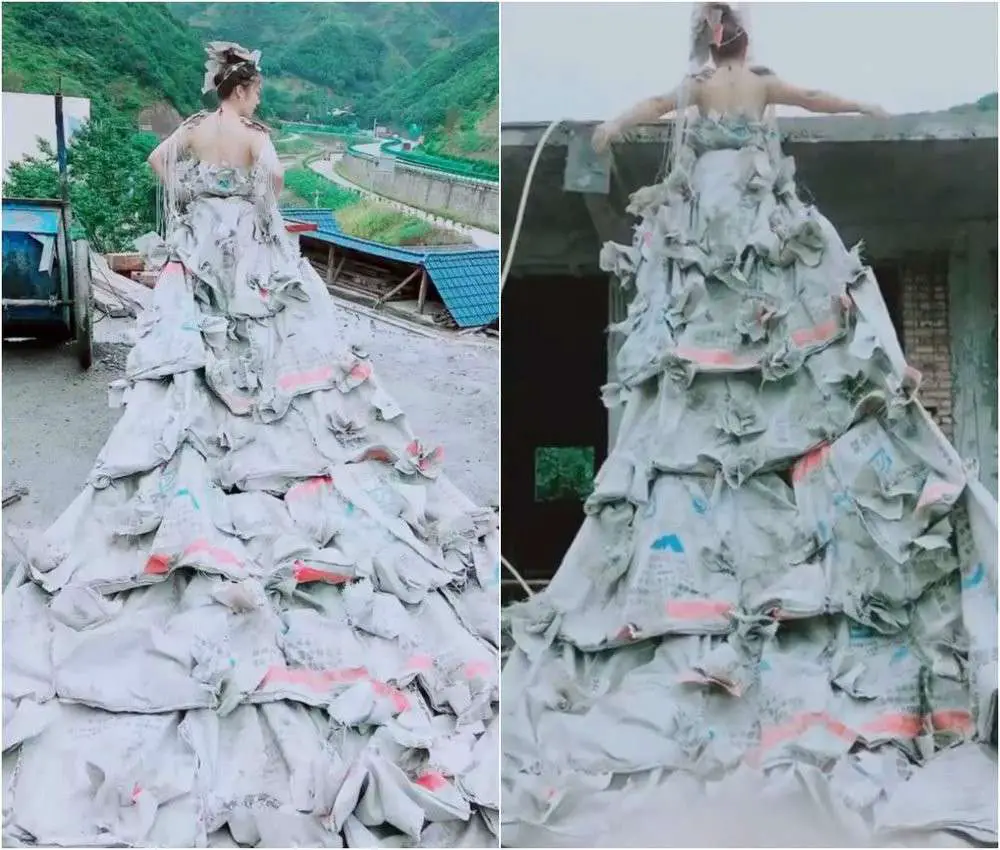 A Chinese woman made a wedding dress from 40 bags of cement 1