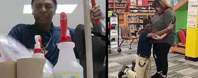 A janitor who walks for miles to work collapses to his knees upon learning the news from co-workers