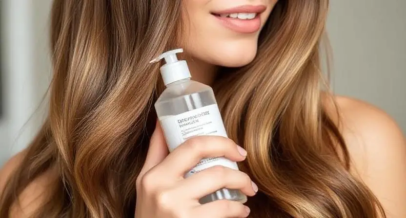 A woman with shiny, healthy hair holding a bottle of sulfate-free shampoo.